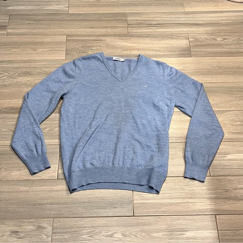 J Lindeberg Sweater Mens Slim L Blue V Neck Merino Wool Lymann Jumper Pullover